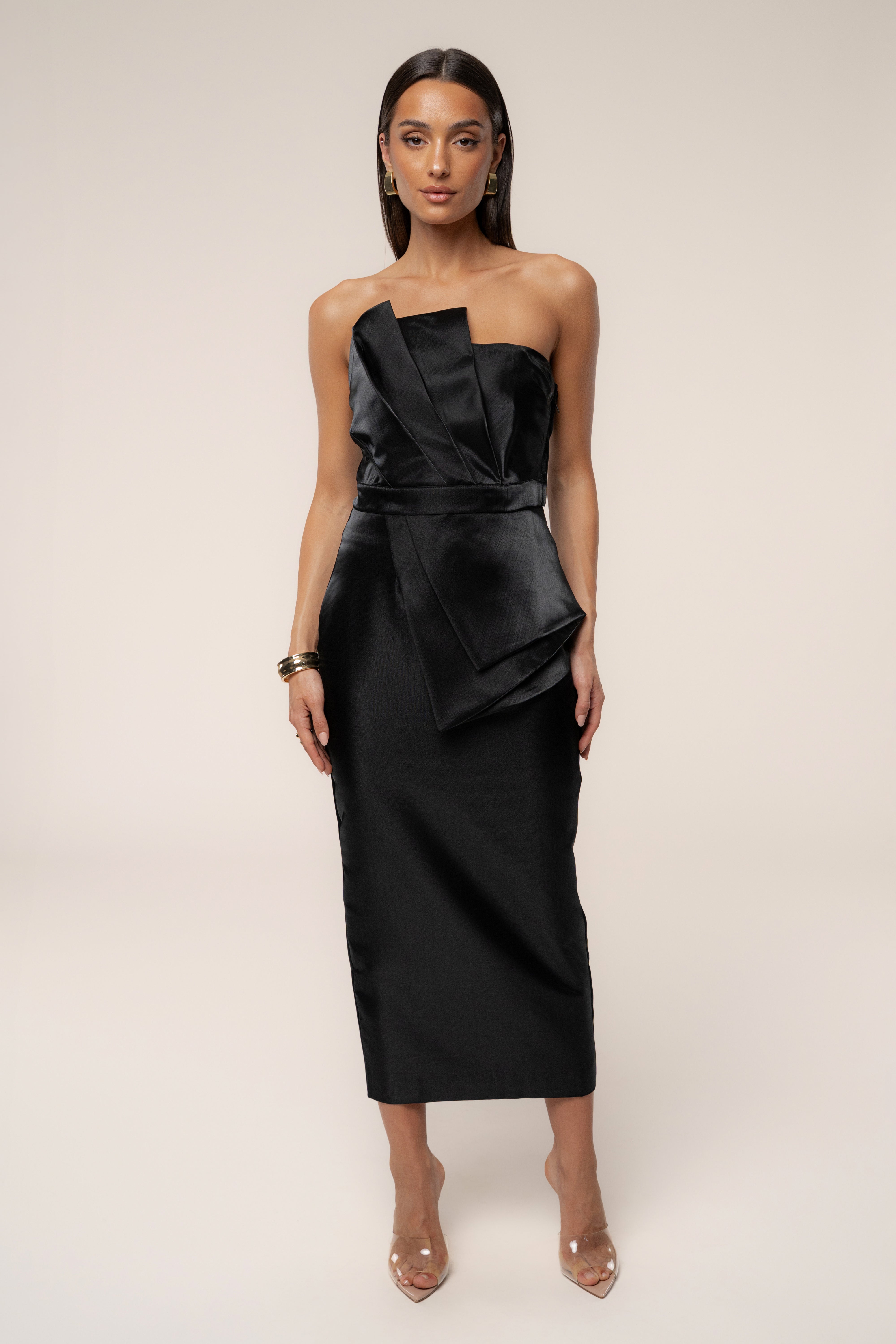 Black Reception Pleated Midi Skirt