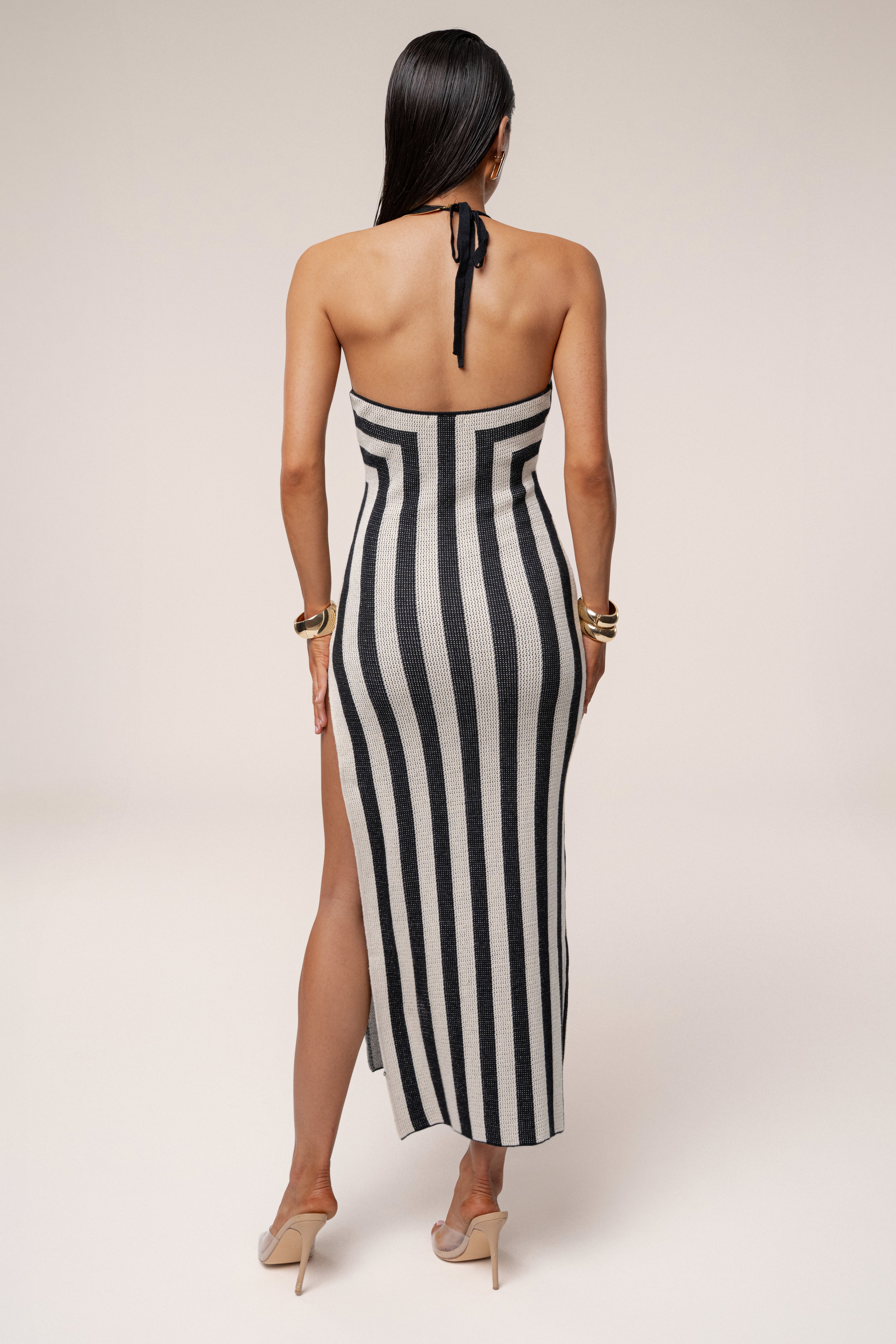 Black/Ivory Striped Slit Maxi Dress
