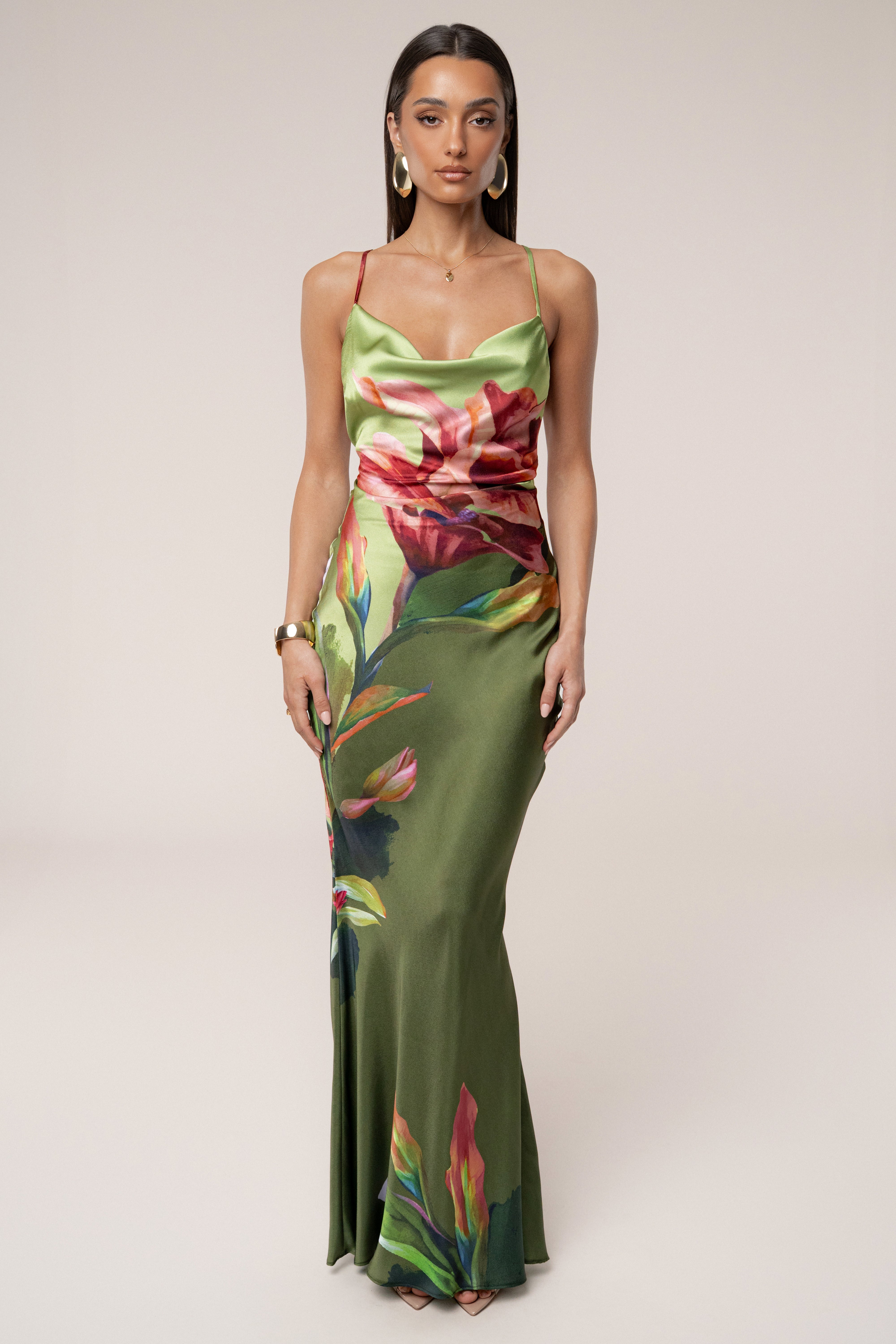 PRE-ORDER Green Satin Floral Print Maxi Dress