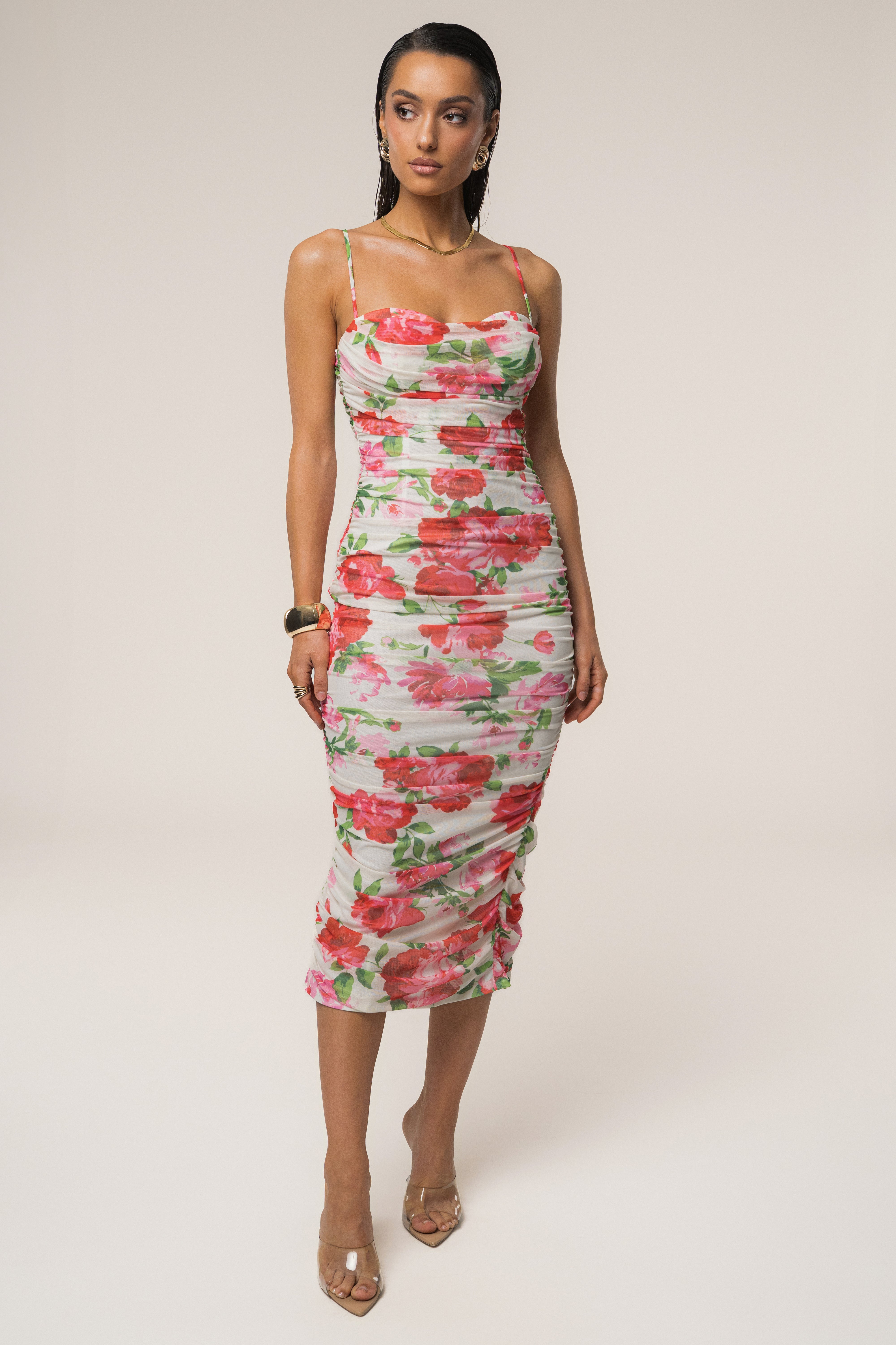 Pink Floral Alora Ruched Midi Dress