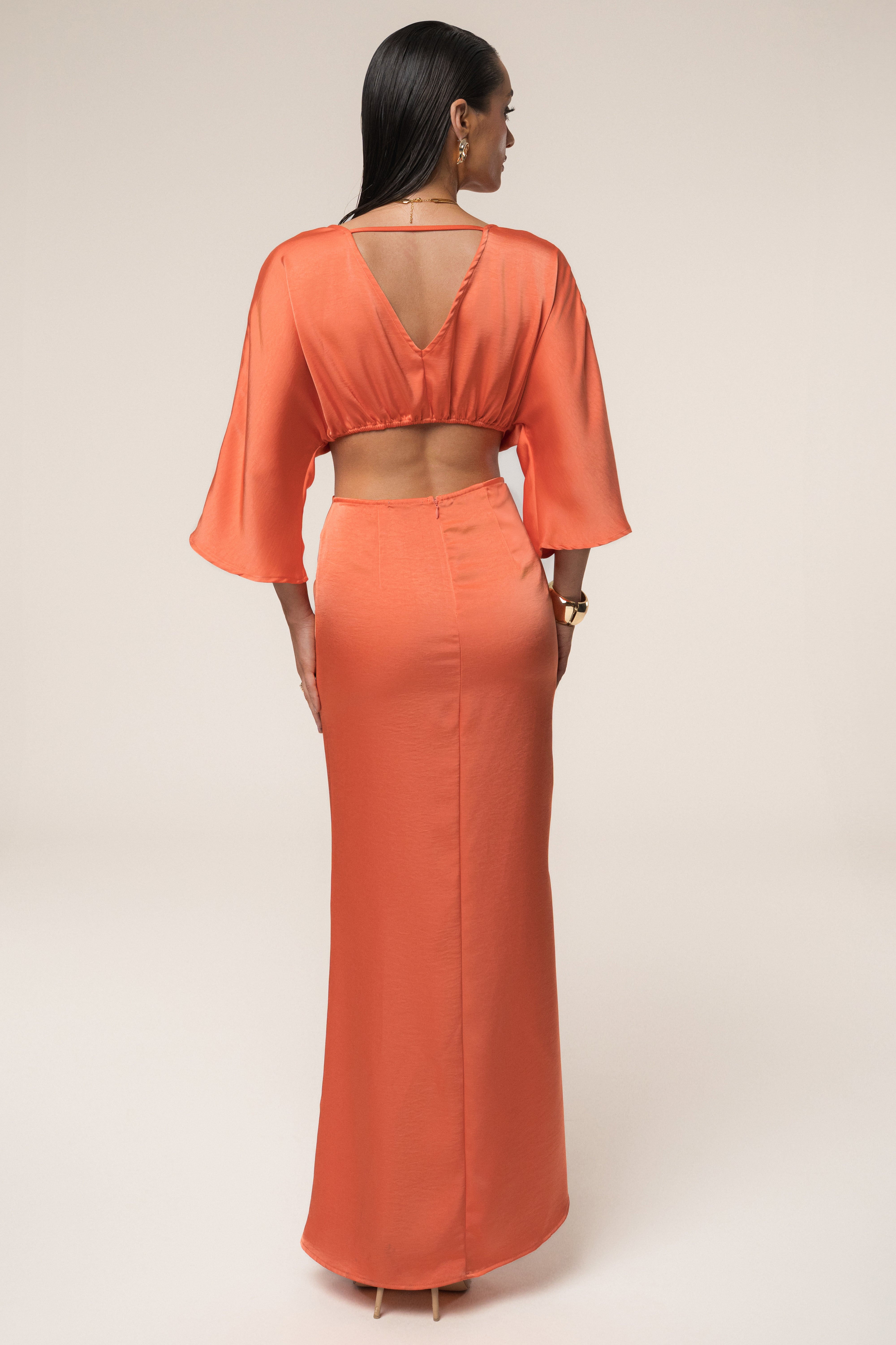 Coral Sunset Satin Cutout Dress
