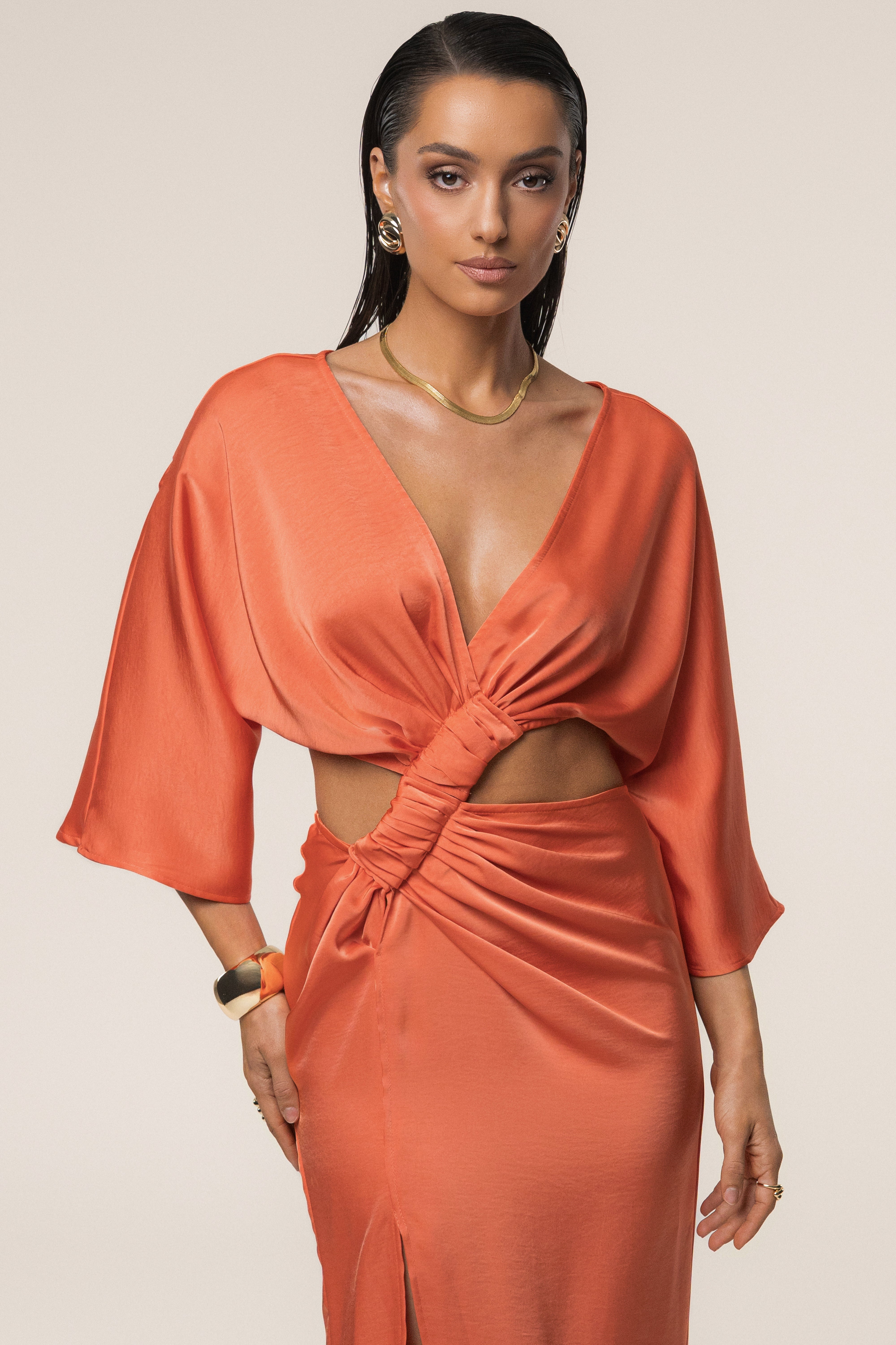 Coral Sunset Satin Cutout Dress