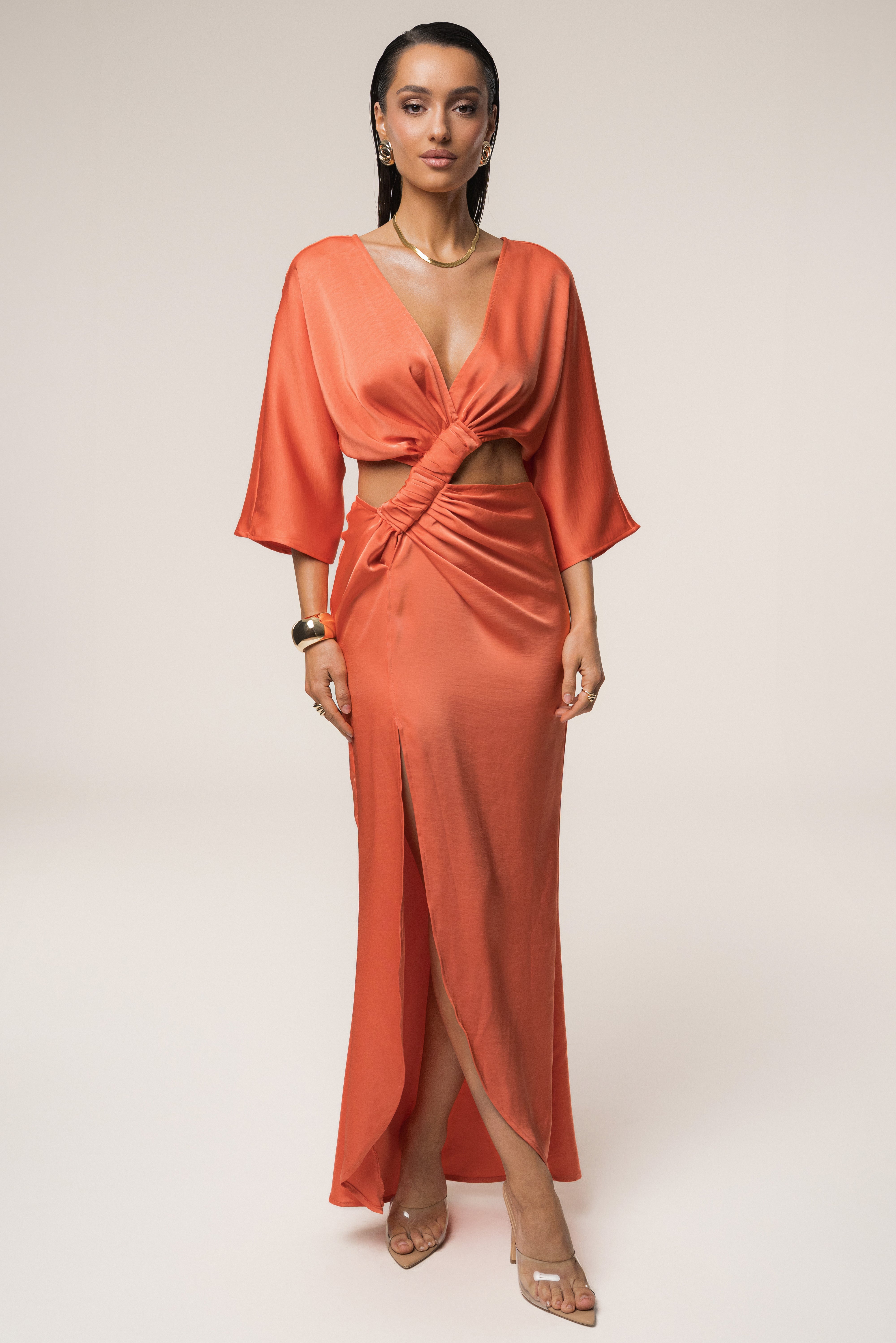 Coral Sunset Satin Cutout Dress