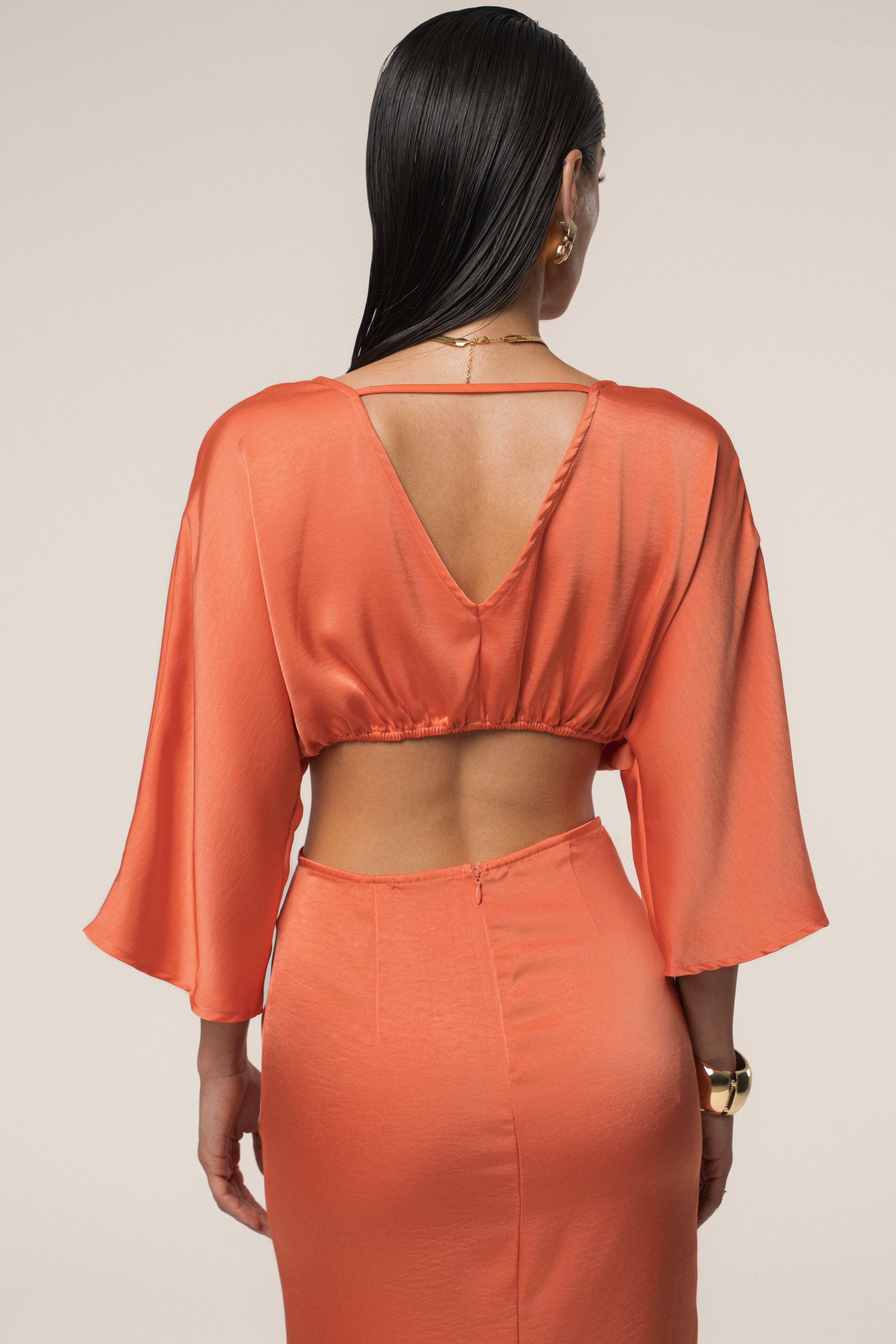 Coral Sunset Satin Cutout Dress