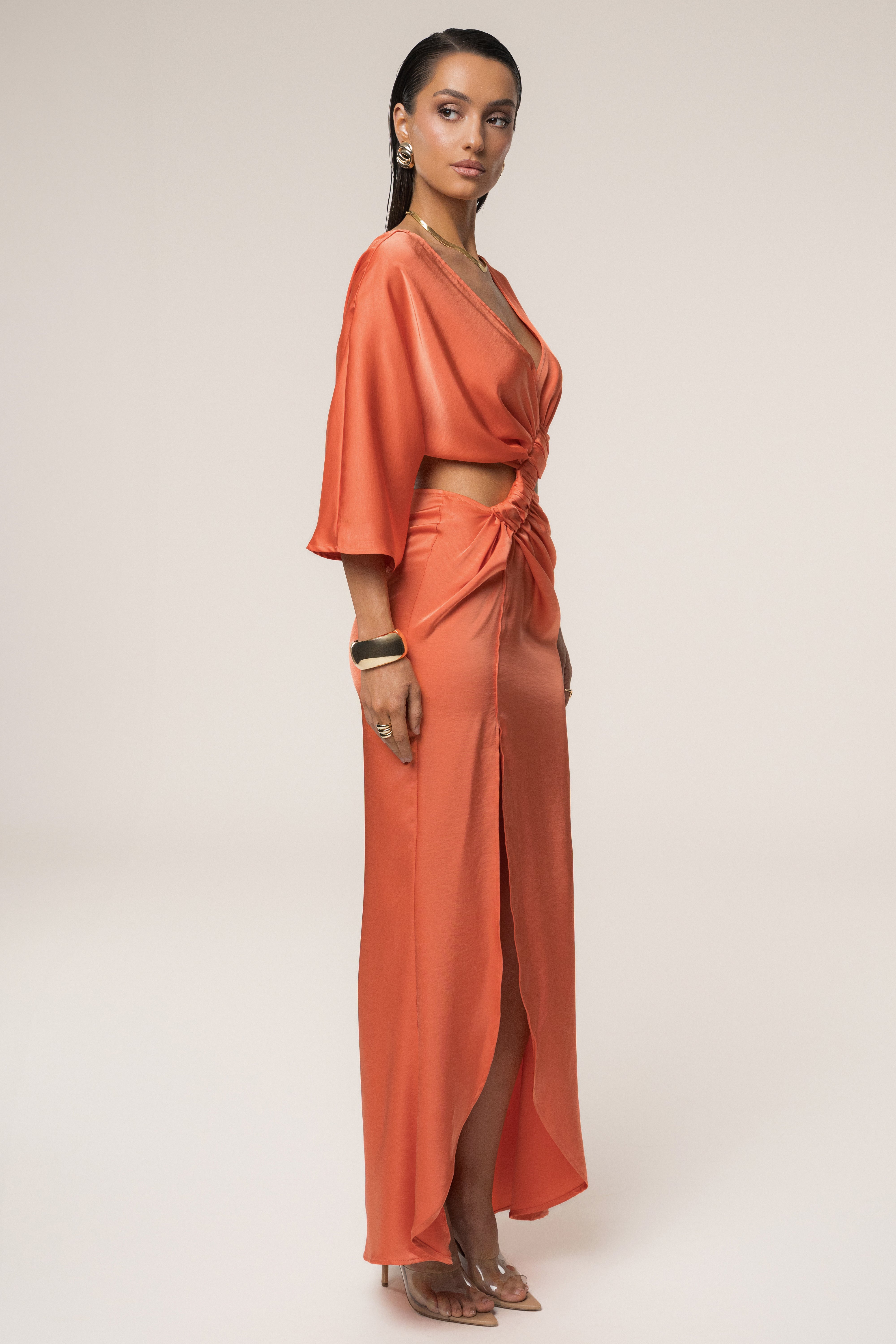 Coral Sunset Satin Cutout Dress