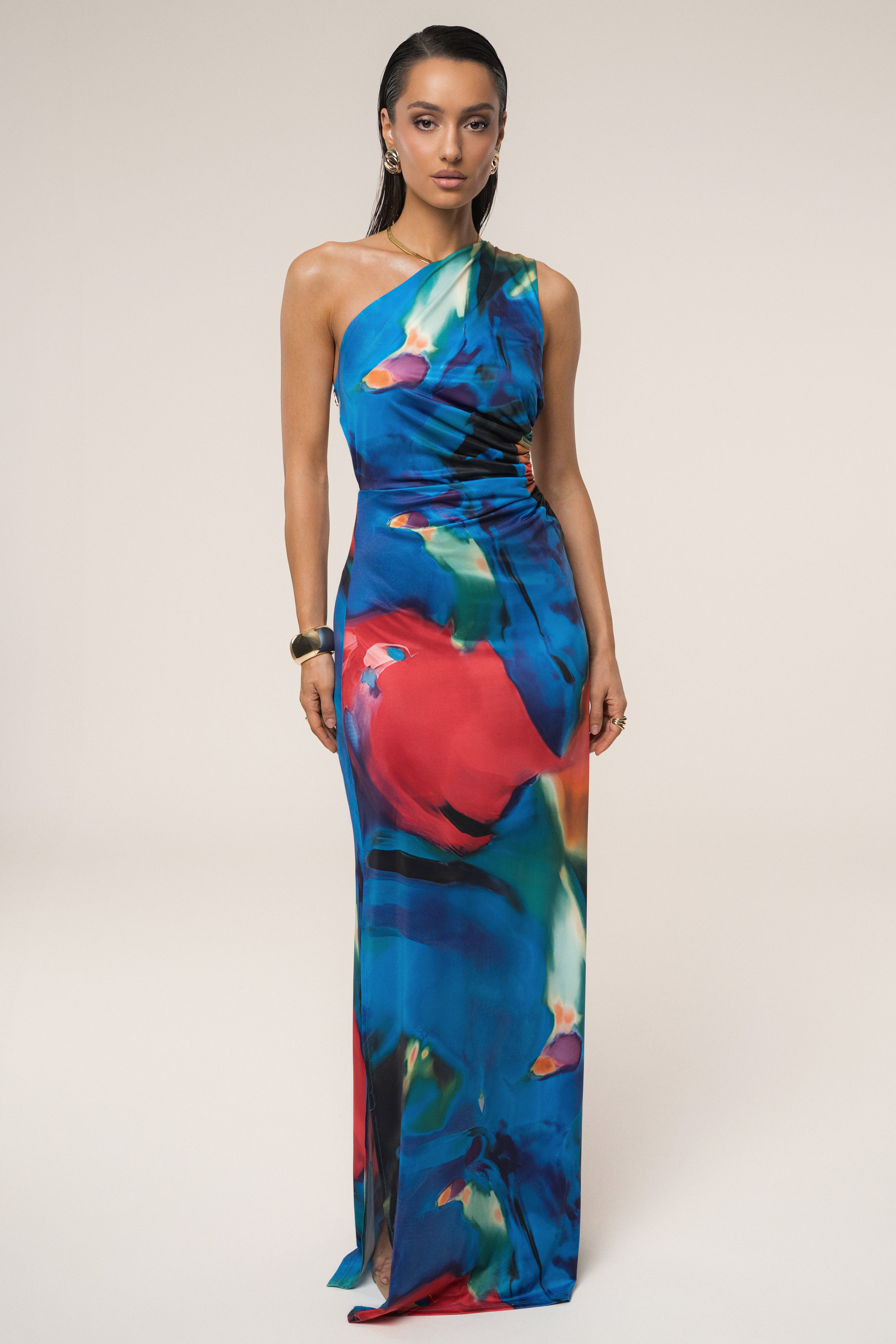 Blue Rainbow Satin Print Dress