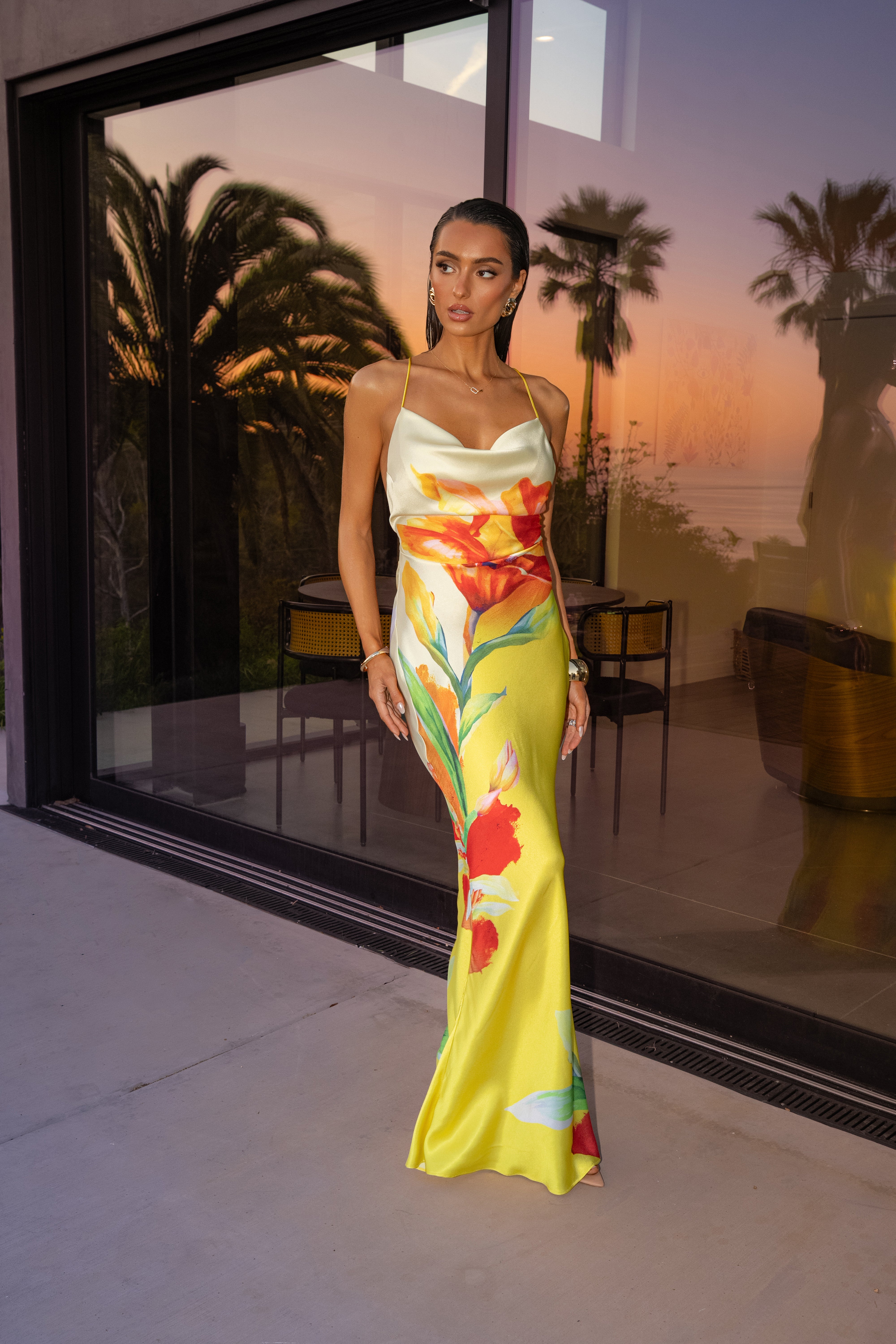 PRE-ORDER Yellow Satin Floral Print Maxi Dress