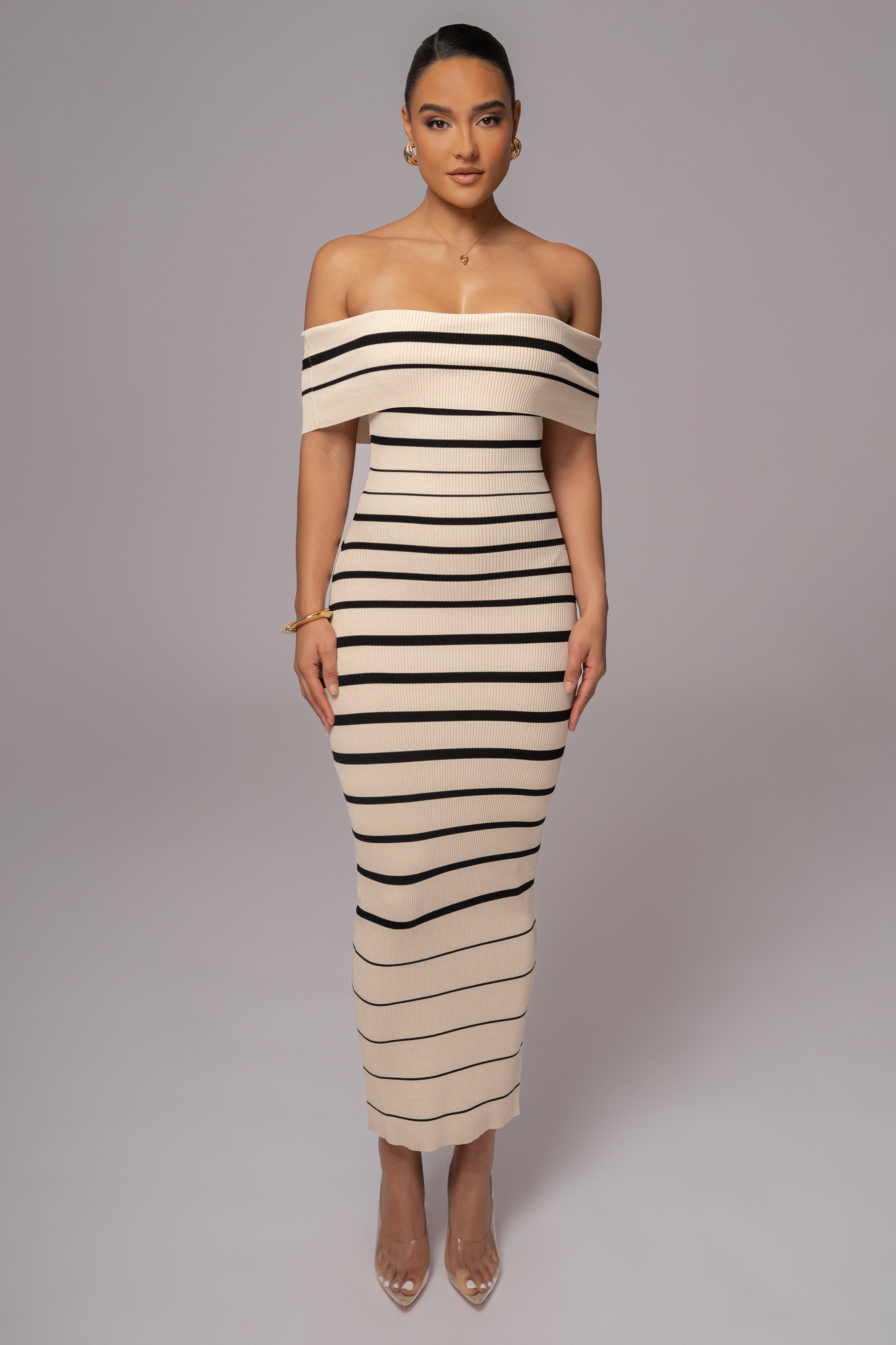 Ivory Off The Shoulder Striped Dress